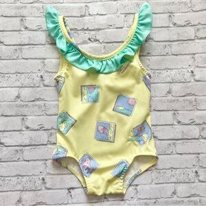 Vintage OshKosh Sea Animal Yellow Ruffle Swimsuit